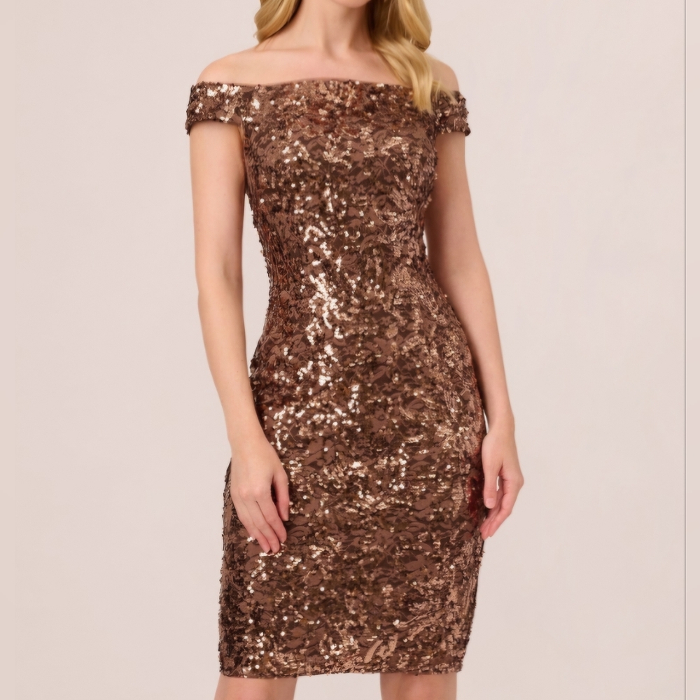 Adrianna Papell Women's Sequined Off-the-Shoulder Dress - Copper, SIZE 6